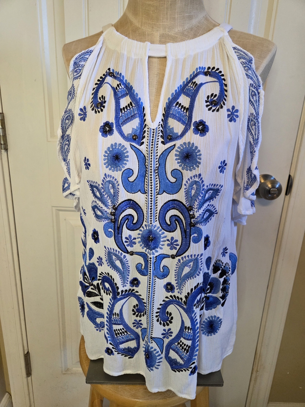 Cold Shoulder Embroidered White and Blue Camisole by INC International Concepts